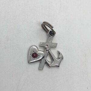 Vtg Sterling Silver Faith Hope Charity Cross Red Crystal Heart Anchor Charm .6”
